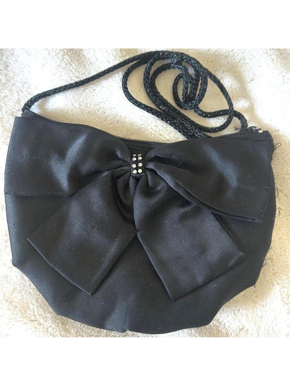 Vintage Black Satin Clutch Evening Bag Crossbody Purse Rhinestone Bow Handbag